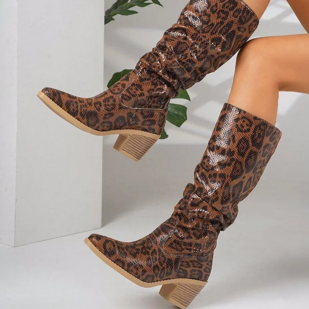 Elegant Women's Thick Heel Leopard Print Knee High Boots - Picture 2 of 5